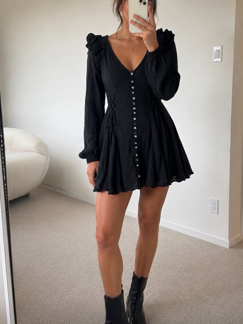 Black Button-Front Ruffle In the mood for frills dress - Free People - Small